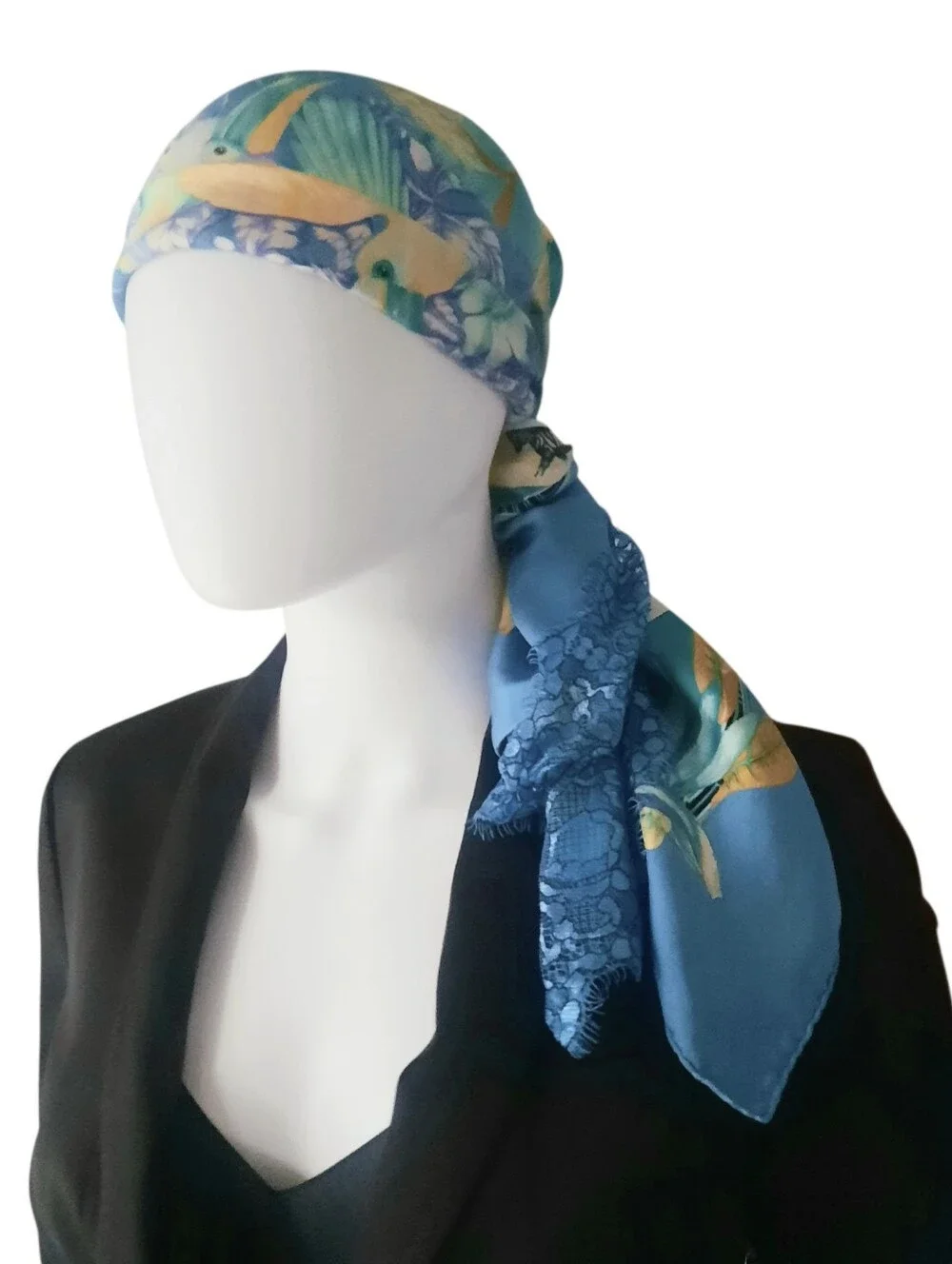 Vintage HERMÈS Tropiques Silk Twill Scarf 90cm Blue/Multi (Altered/Trim Added) - Picture 7 of 16